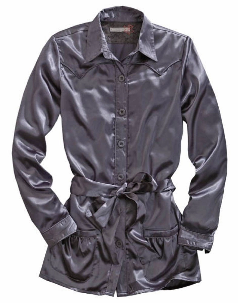 Tin Haul Womens Self Belted Western Grey 100% Polyester L/S Shirt Non Restrictive Armhole Fitted Cut