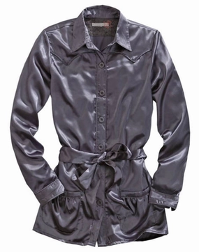 Year-Round Favorite Tin Haul Womens Self Belted Western Grey 100% Polyester L/S Shirt
