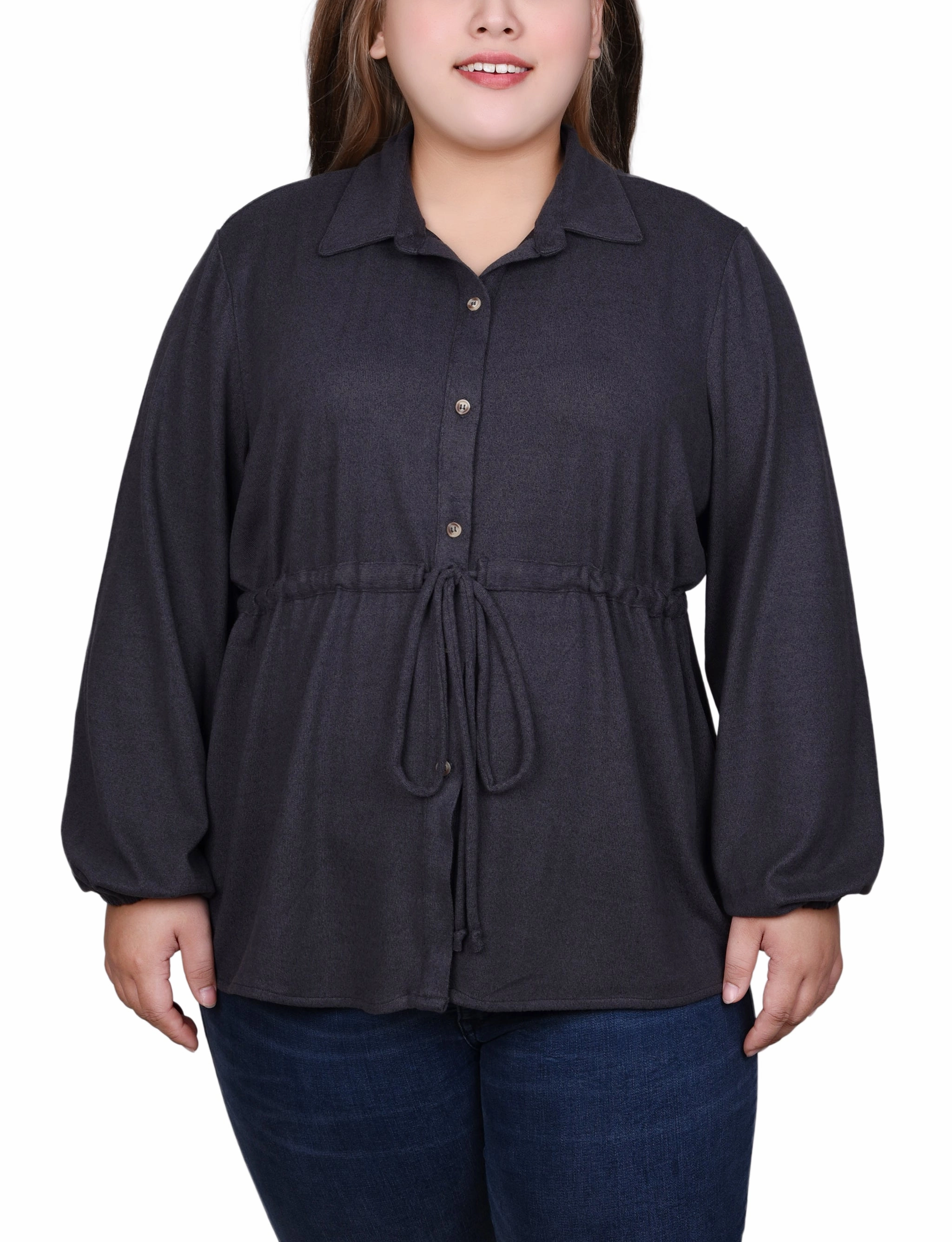 Flatlock stitching Plus Size Long Dolman Sleeve Drawstring-Waist Tunic Top