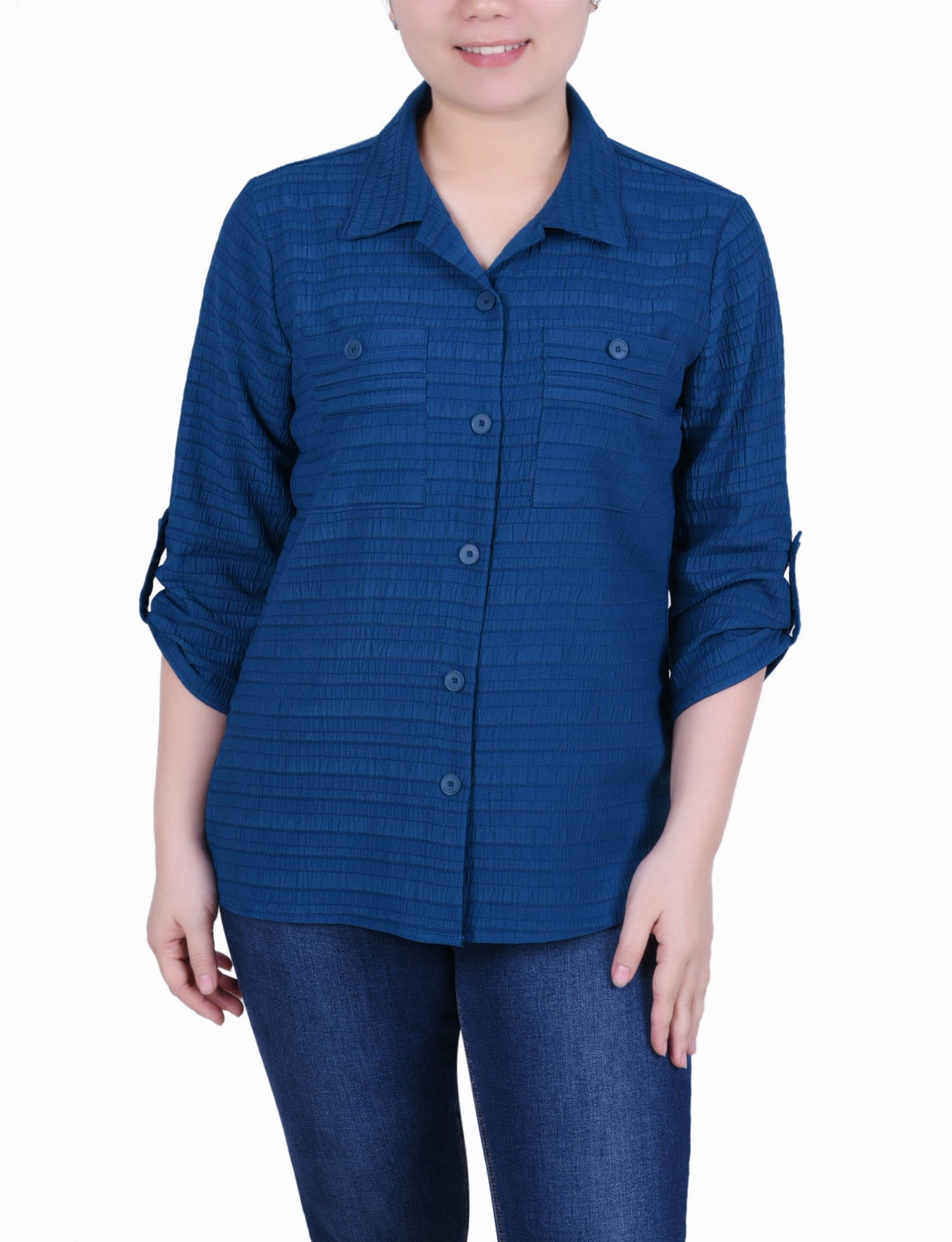 Long Roll Tab Sleeve Jacquard Blouse GarmentWashed Softness