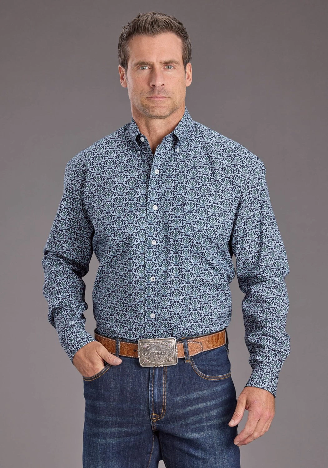 Breathable Lining Stetson Mens 2390 Medallion Navy 100% Cotton 1 Pkt L/S Shirt