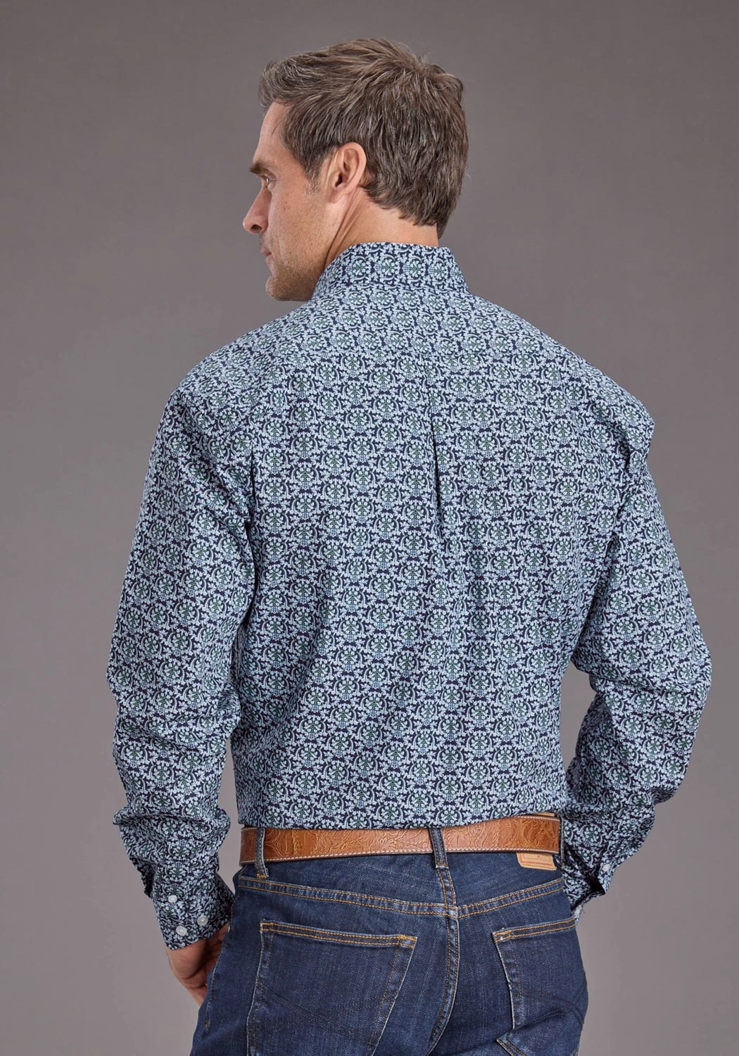 Stetson Mens 2390 Medallion Navy 100% Cotton 1 Pkt L/S Shirt Summer Outfit