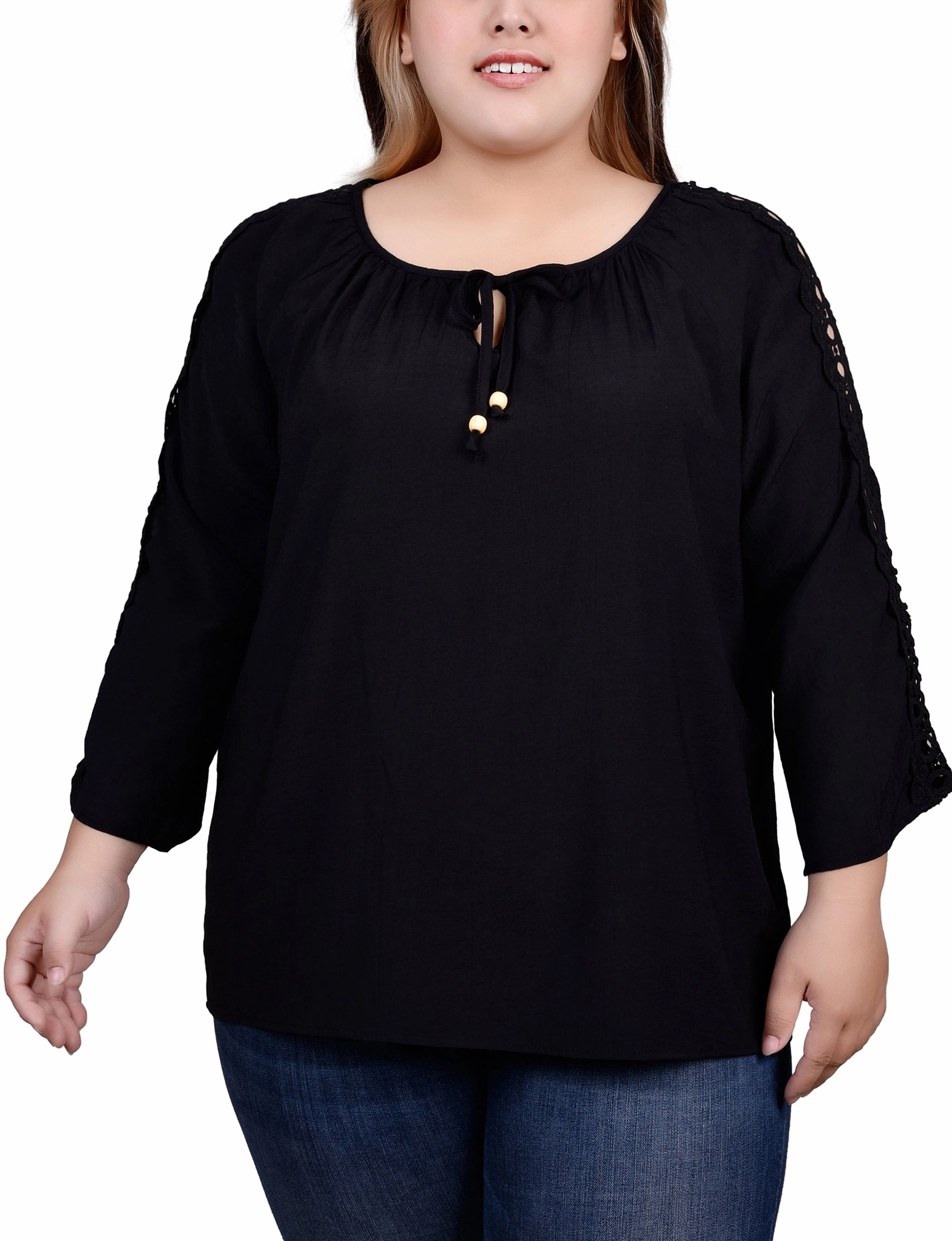 MultiPocket AntiSlipGrip Plus Size 3/4 Sleeve Crochet Detail Blouse