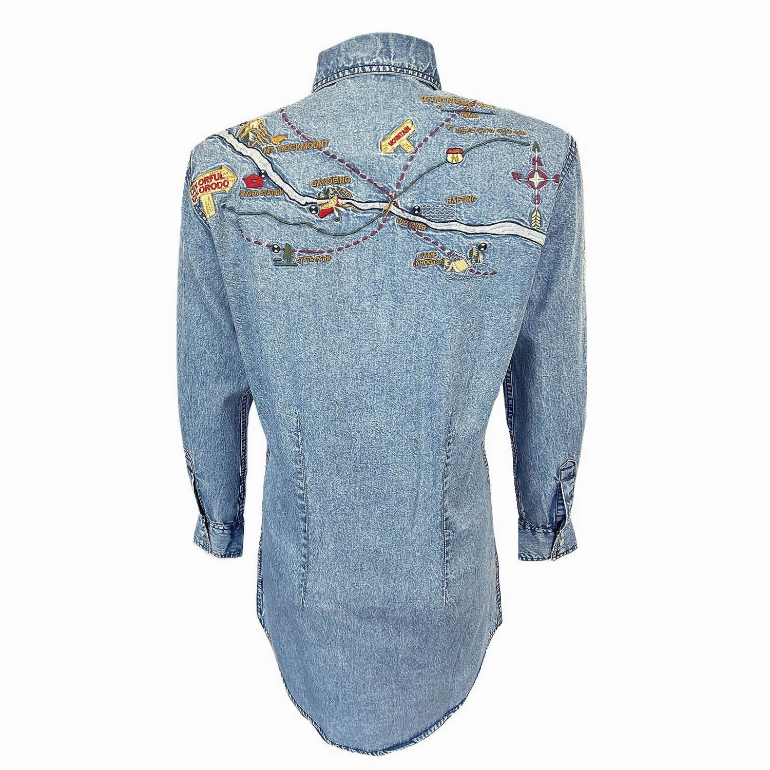 Rockmount Womens Embroidered Map Western Denim 100% Cotton L/S Dress Evening Chic Form Fitting