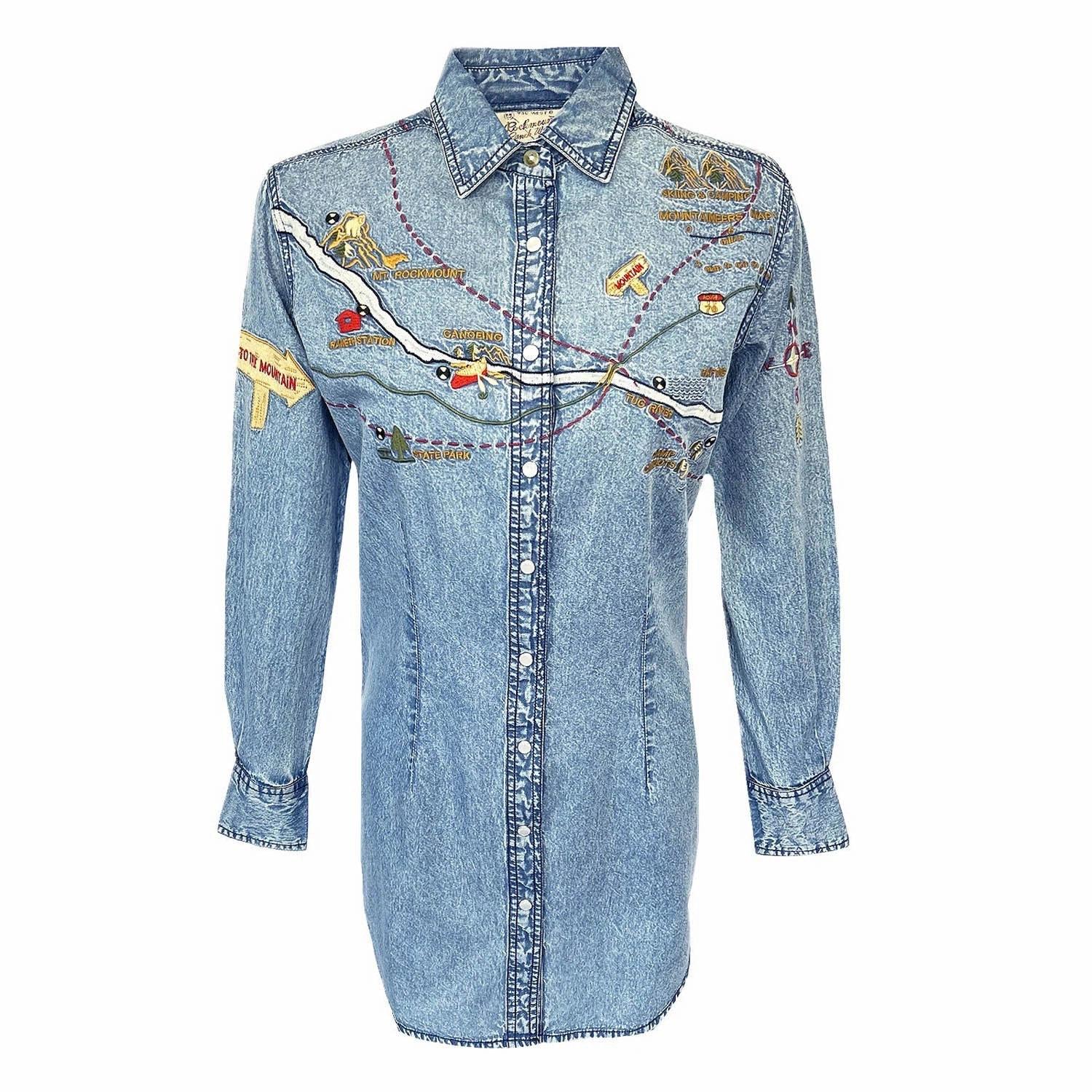 Petite friendly Rockmount Womens Embroidered Map Western Denim 100% Cotton L/S Dress