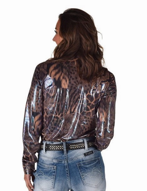 Ergonomic Back Panel Cowgirl Tuff Womens Shiny Animal Tan Polyester L/S Shirt
