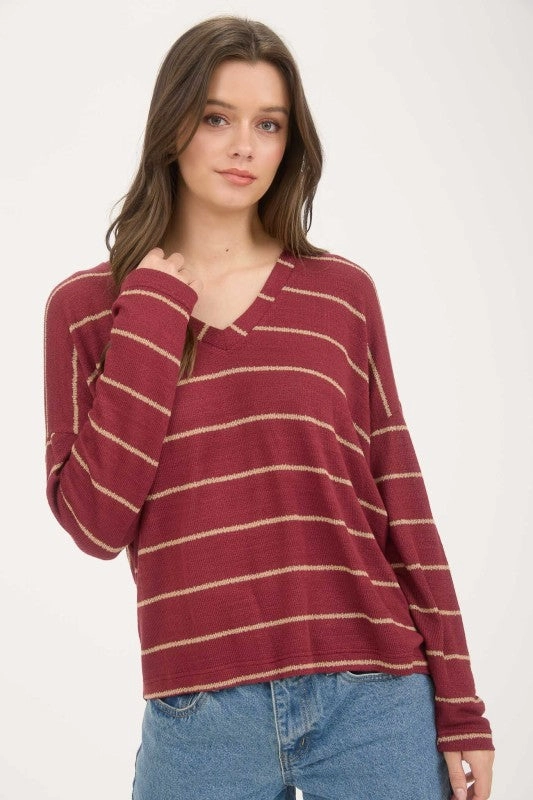 Whitney Stripe V Neck Drop Shoulder Long Sleeve Knit Top Stretch Comfort