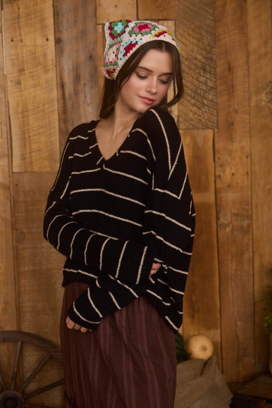 Whitney Stripe V Neck Drop Shoulder Long Sleeve Knit Top Knit Fabric Technology Bonded Seam Technique