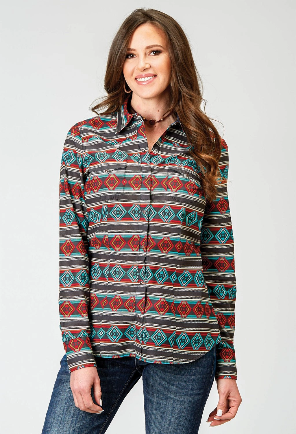 Bold Pattern Roper Womens 1898 Aztec Stripe Red Multi 100% Cotton L/S Shirt