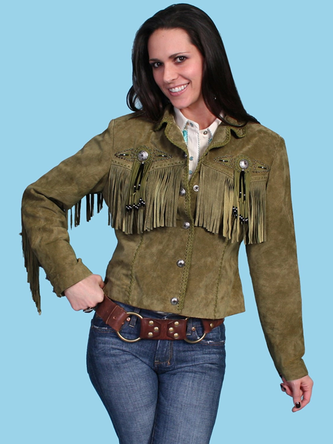 Scully Womens Fringe Beaded Olive Leather Leather Jacket Zippered Vents ElasticizedWaistbandSystem
