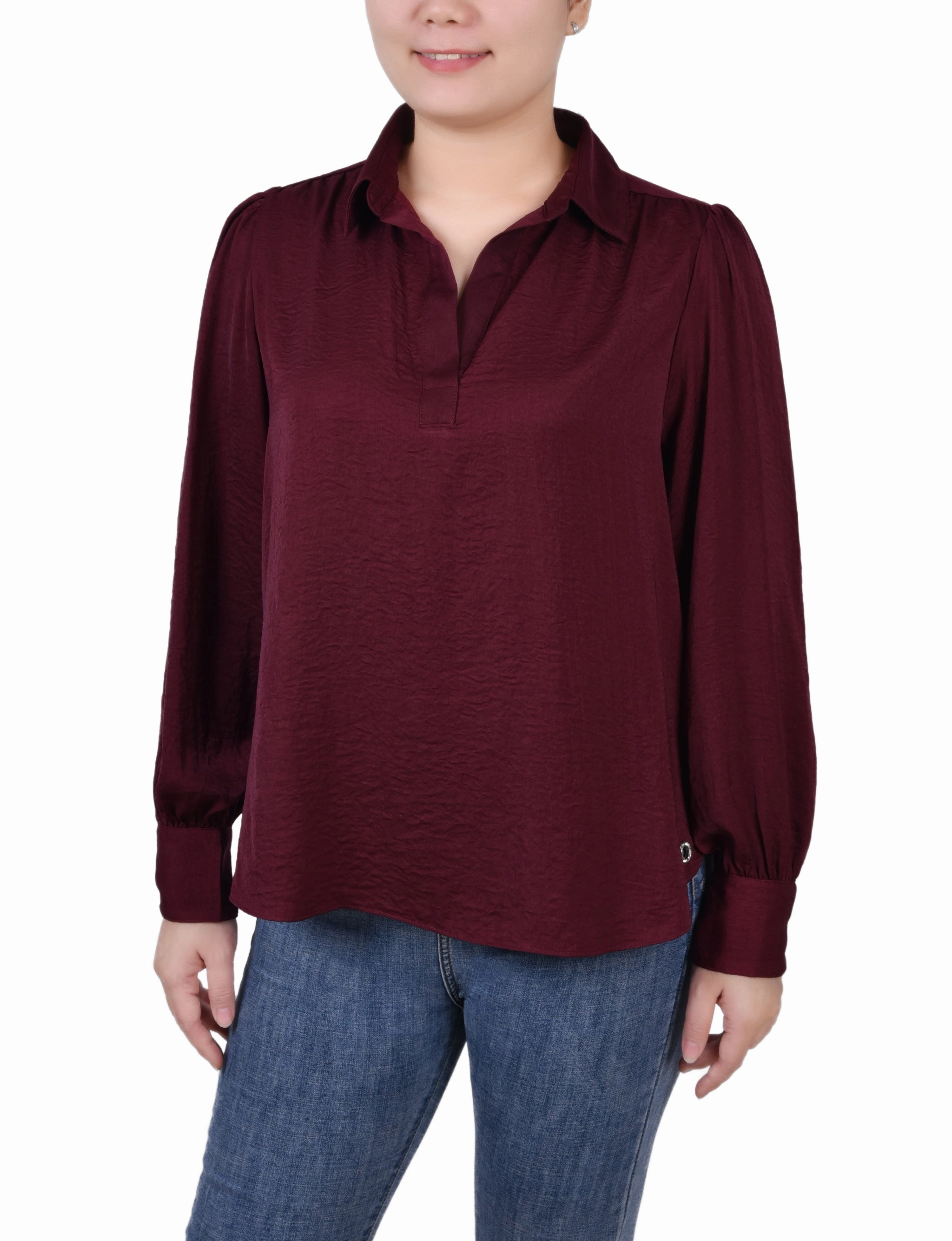 Long Puff Sleeve Satin Blouse Weighted Hem Design Light Deflection Fabric