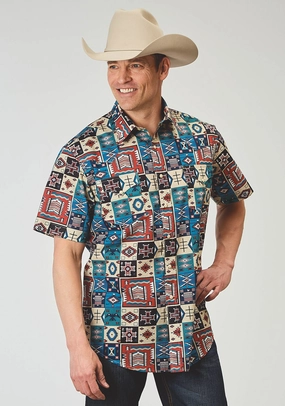 Checkered Style Stylish Design Roper Mens 1909 Vintage Patchwork Multi-Color 100% Cotton S/S Shirt