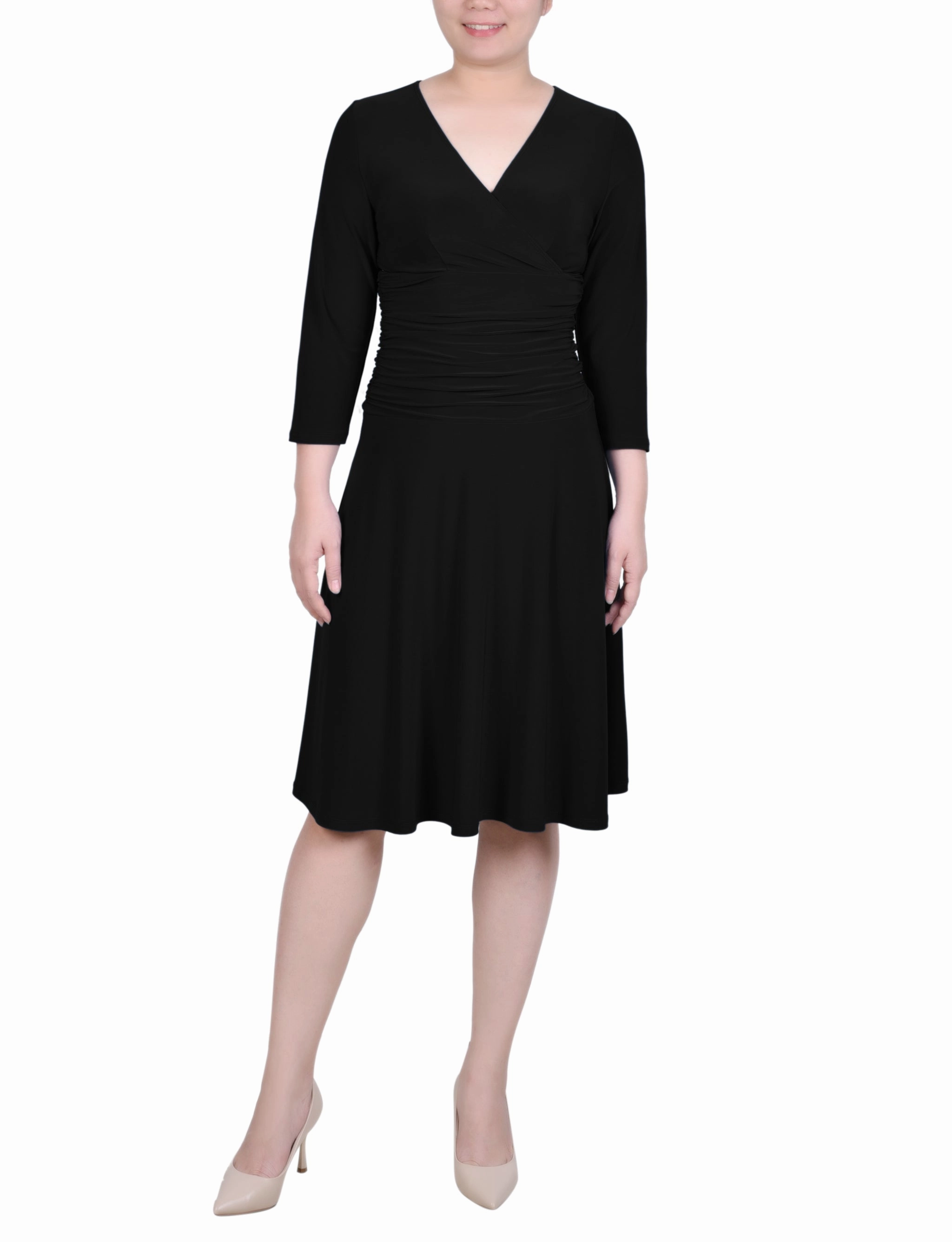 Petite 3/4 Sleeve Rouched-Waist Dress Petite Chic Flowing Fit