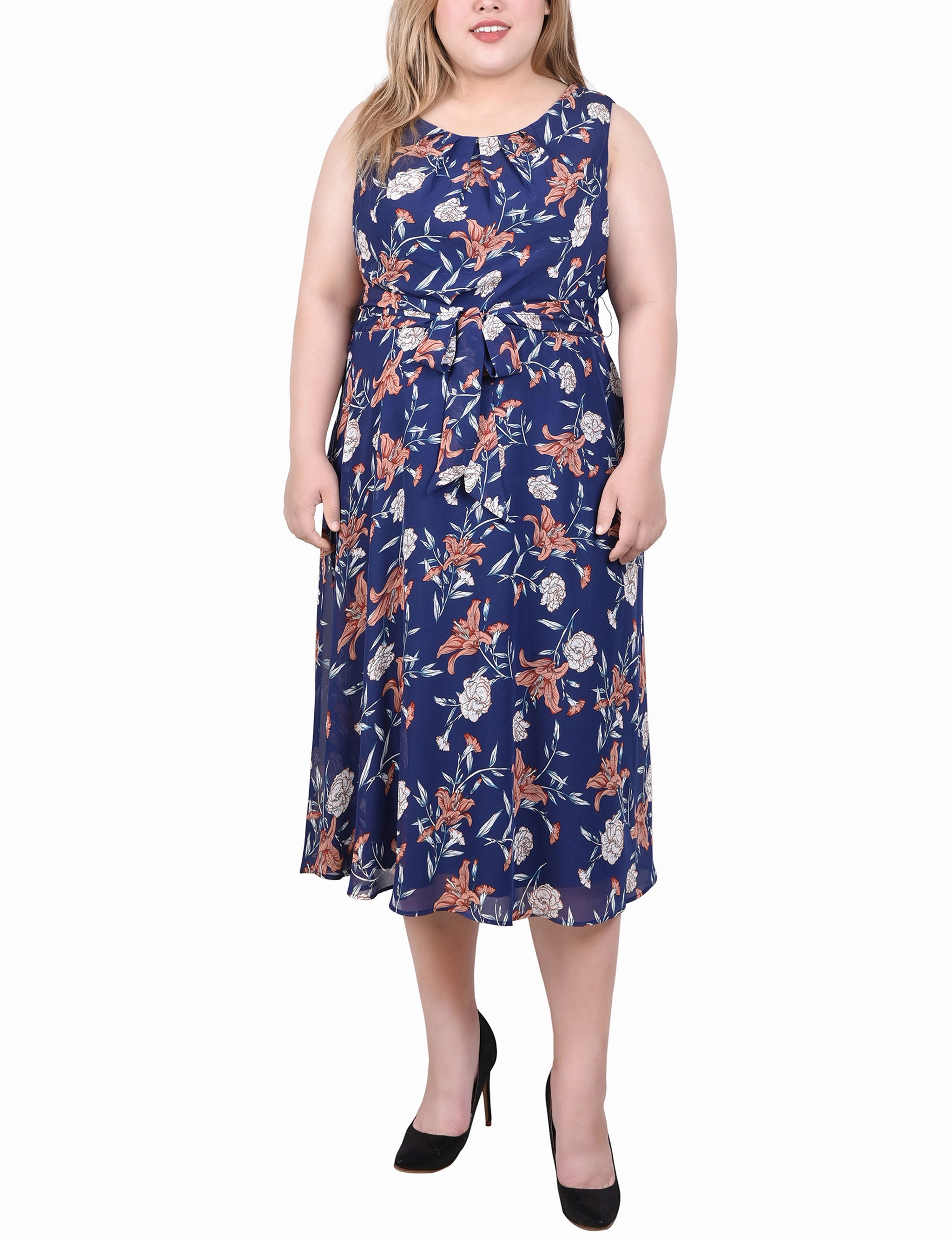 Relaxed Wear Plus Size Sleeveless Chiffon Belted Dress