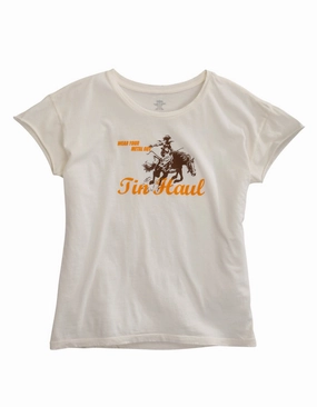 Tin Haul Womens White 100% Cotton Lady Horserider S/S T-Shirt Fitted Silhouette checkered pattern