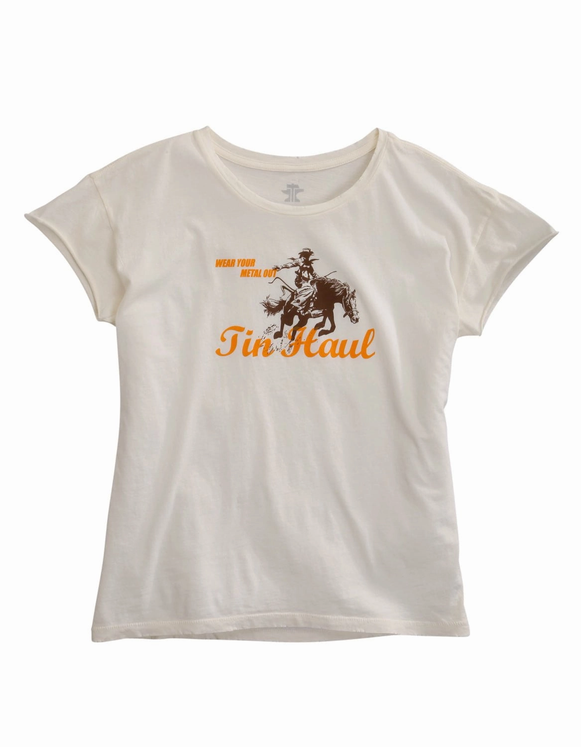 Tin Haul Womens White 100% Cotton Lady Horserider S/S T-Shirt Fitted Silhouette checkered pattern