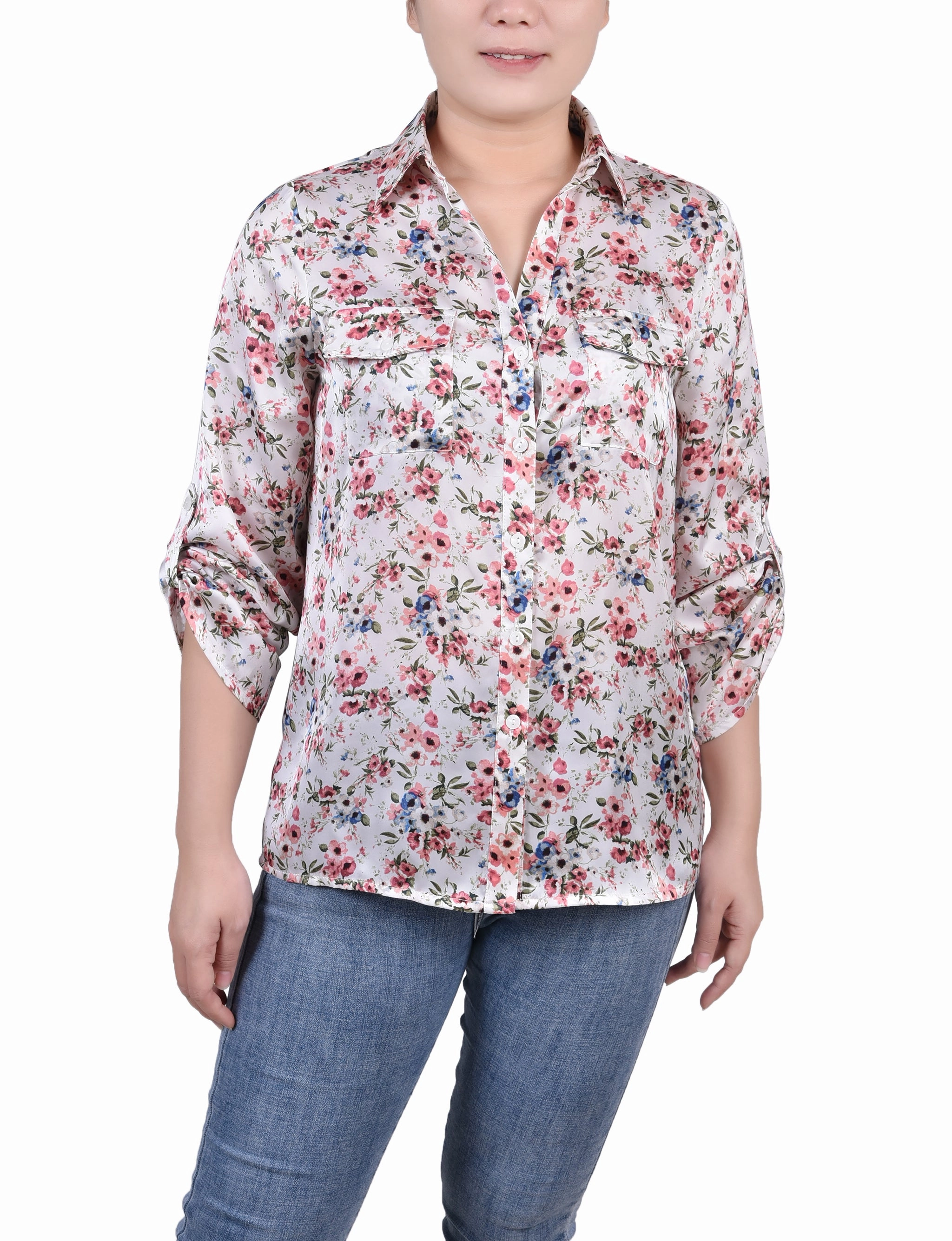 ElasticEdgeBinding Temperature Control Fabric 3/4 Sleeve Satin Blouse