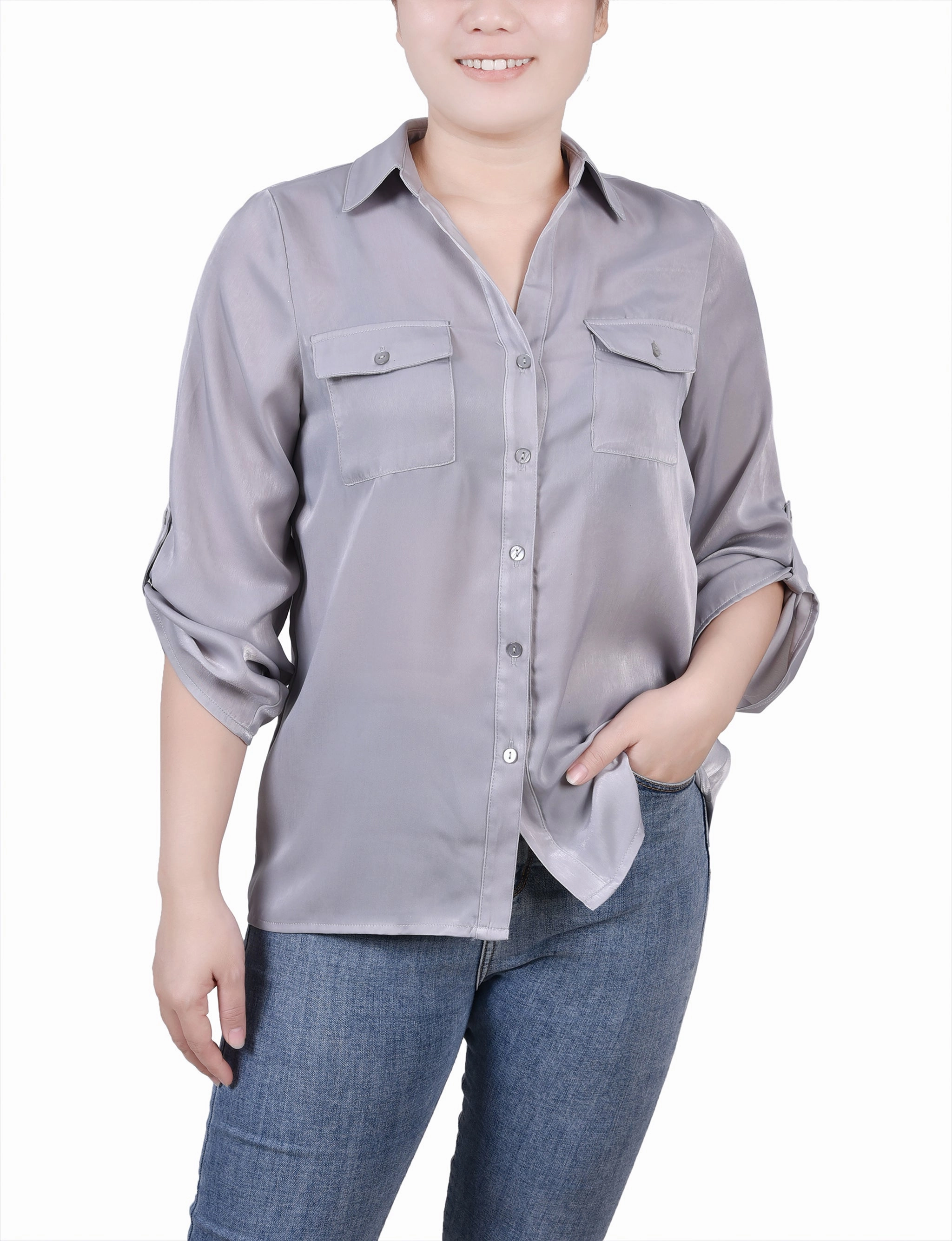 PunctureResistantReinforcement Rolled Hem Detailing 3/4 Sleeve Satin Blouse
