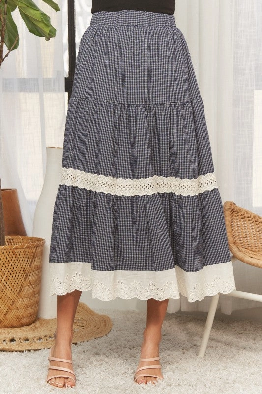 Performance Fashion Clean Aesthetic Xiomara Gingham Tiered Midi Skirt