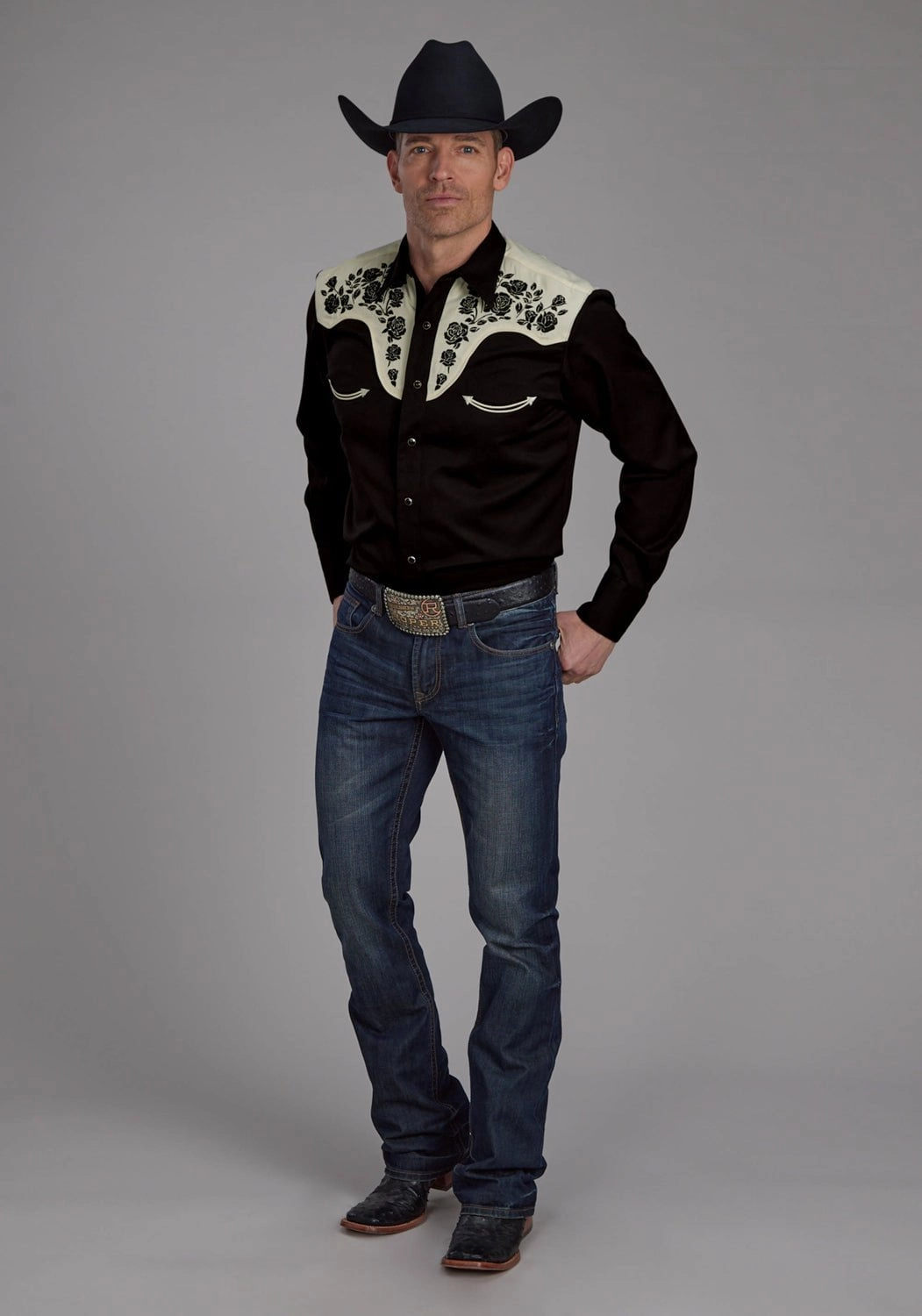 Subtle design Subtle pattern Roper Mens Floral Yoke Black/White Poly/Rayon L/S Shirt