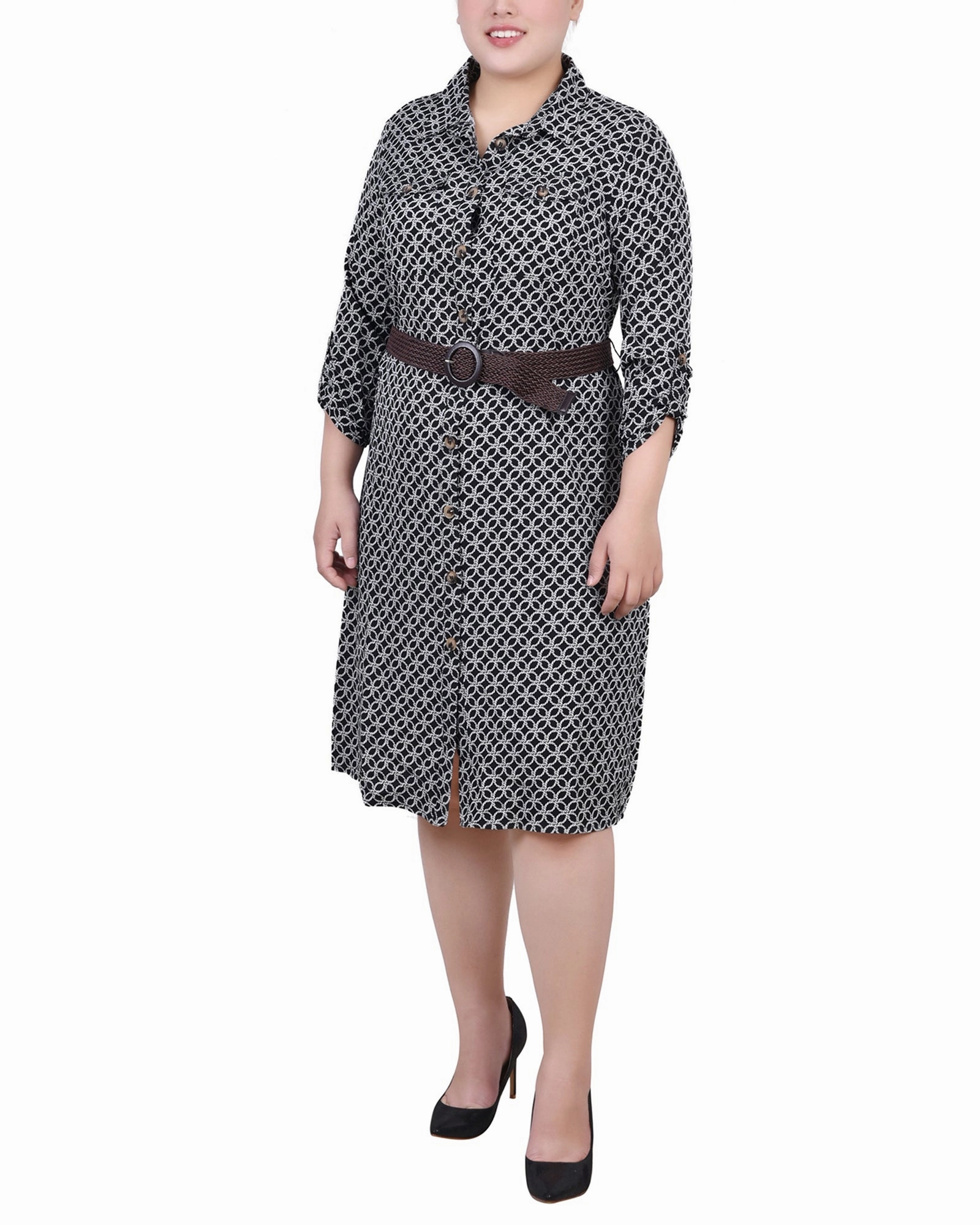 Style Ease Flattering Shape Design Plus Size 3/4 Roll Tab Sleeve Shirtdress