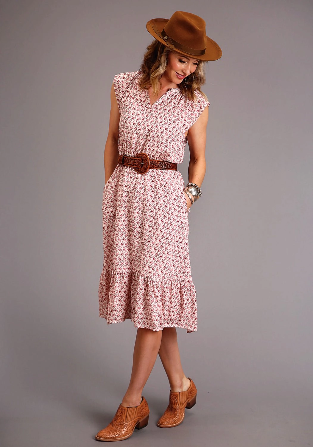 Stetson Womens Red Rayon/Nylon Cottage Floral S/S Dress Timeless Piece