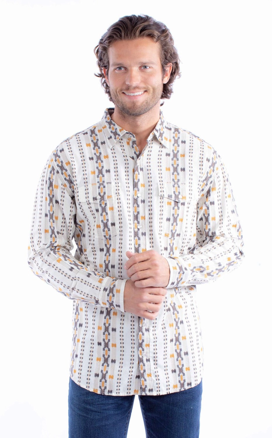 Scully Mens Dobby Stripe Natural 100% Cotton L/S Shirt Affordable Luxury UV Protective Coating