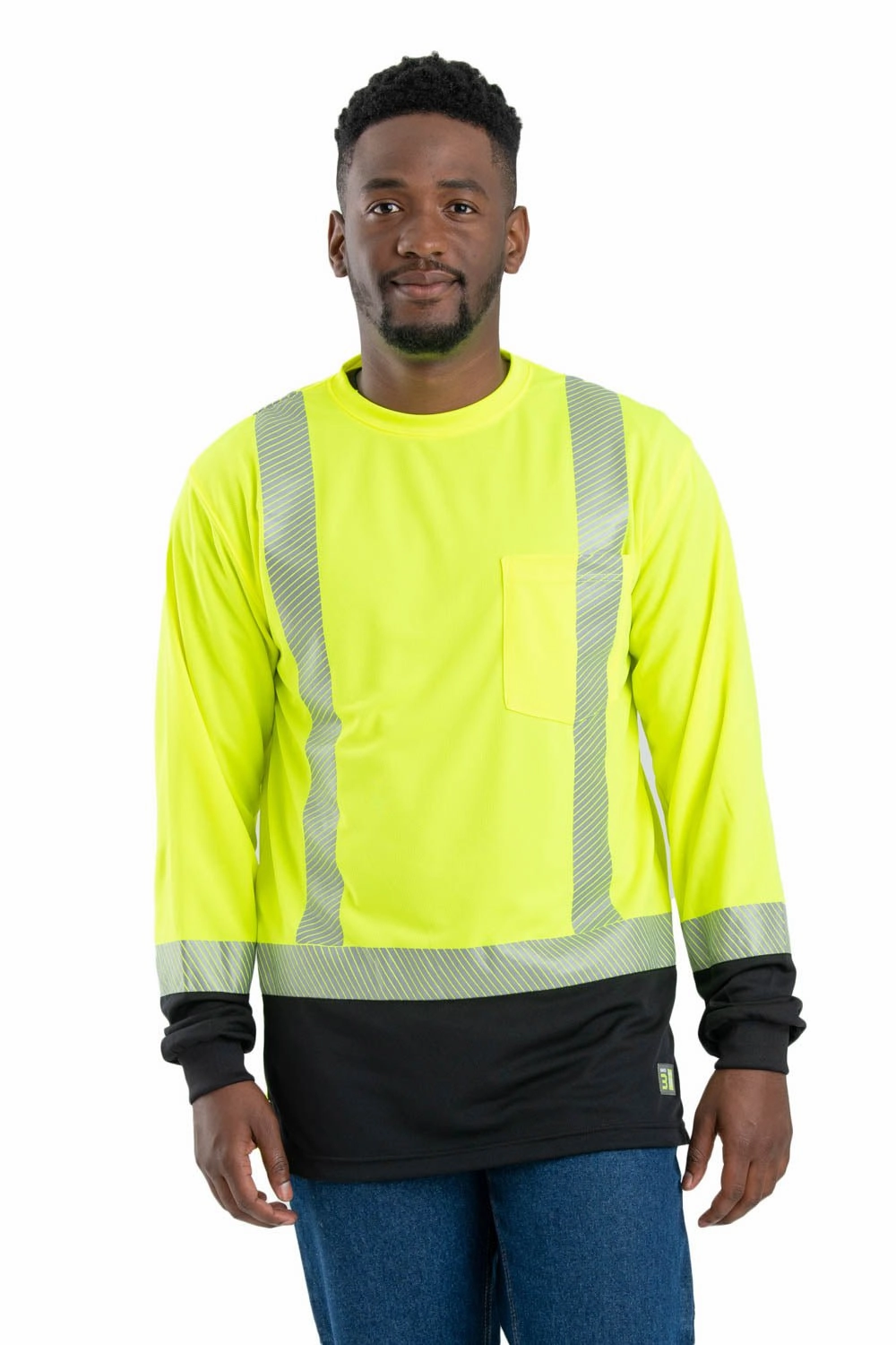 Ergonomic Back Panel Berne Mens Yellow Polyester Hi-Vis Class 2 Color Block Tee L/S