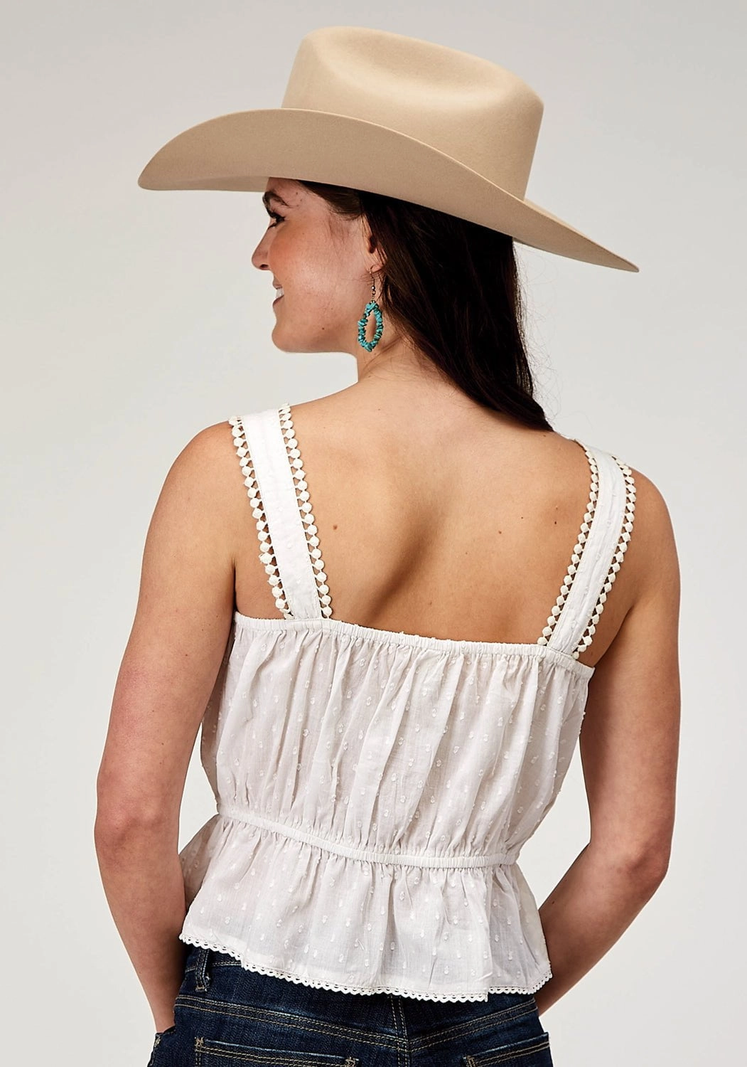 Roper Womens 2015 Swiss Dot White 100% Cotton S/L Tank Top Modern Look