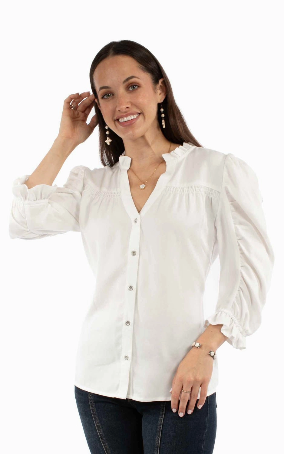 Scully Womens V-neck Ruffle Detail White Lyocell 3/4 Sleeve S/S Blouse Luxurious Feel