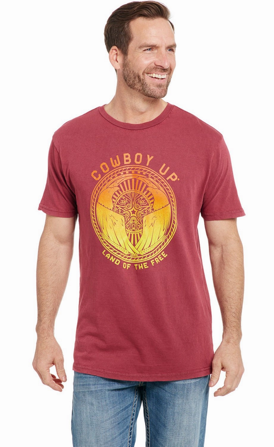 UVProtectionFinish High-Quality Cotton Cowboy Up Mens Land Of The Free Vintage Red 100% Cotton S/S T-Shirt