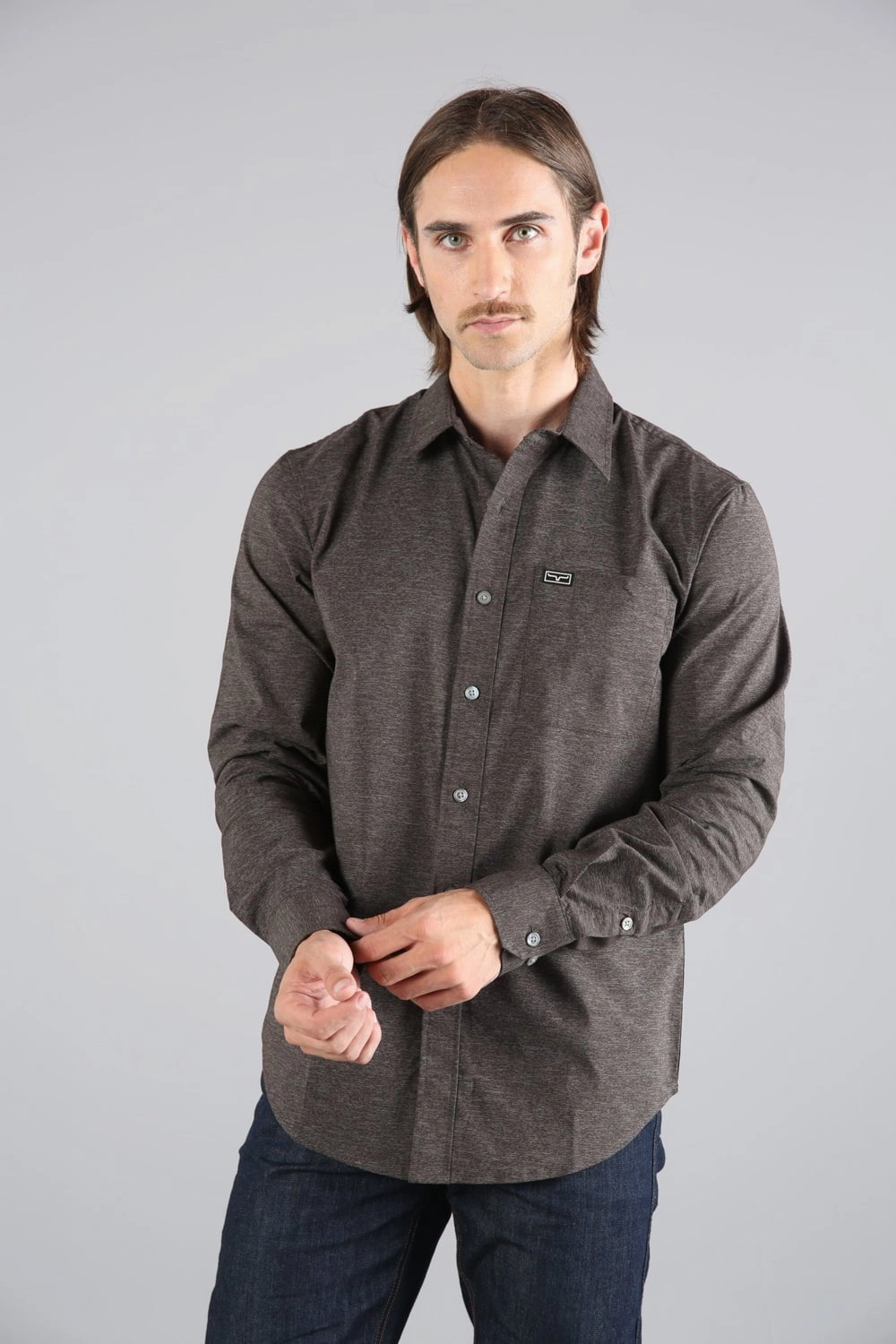 Kimes Ranch Mens Linville Solid Tobacco Cotton Blend L/S Shirt Gym Appropriate