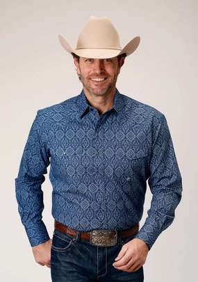 Breathable back panel Student Essential Roper Mens Medallion Paisley Blue 100% Cotton L/S Shirt