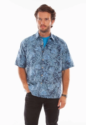 Anti Cling Fabric Picnic Outfit Scully Mens Batik Leaves Blue 100% Cotton S/S Shirt