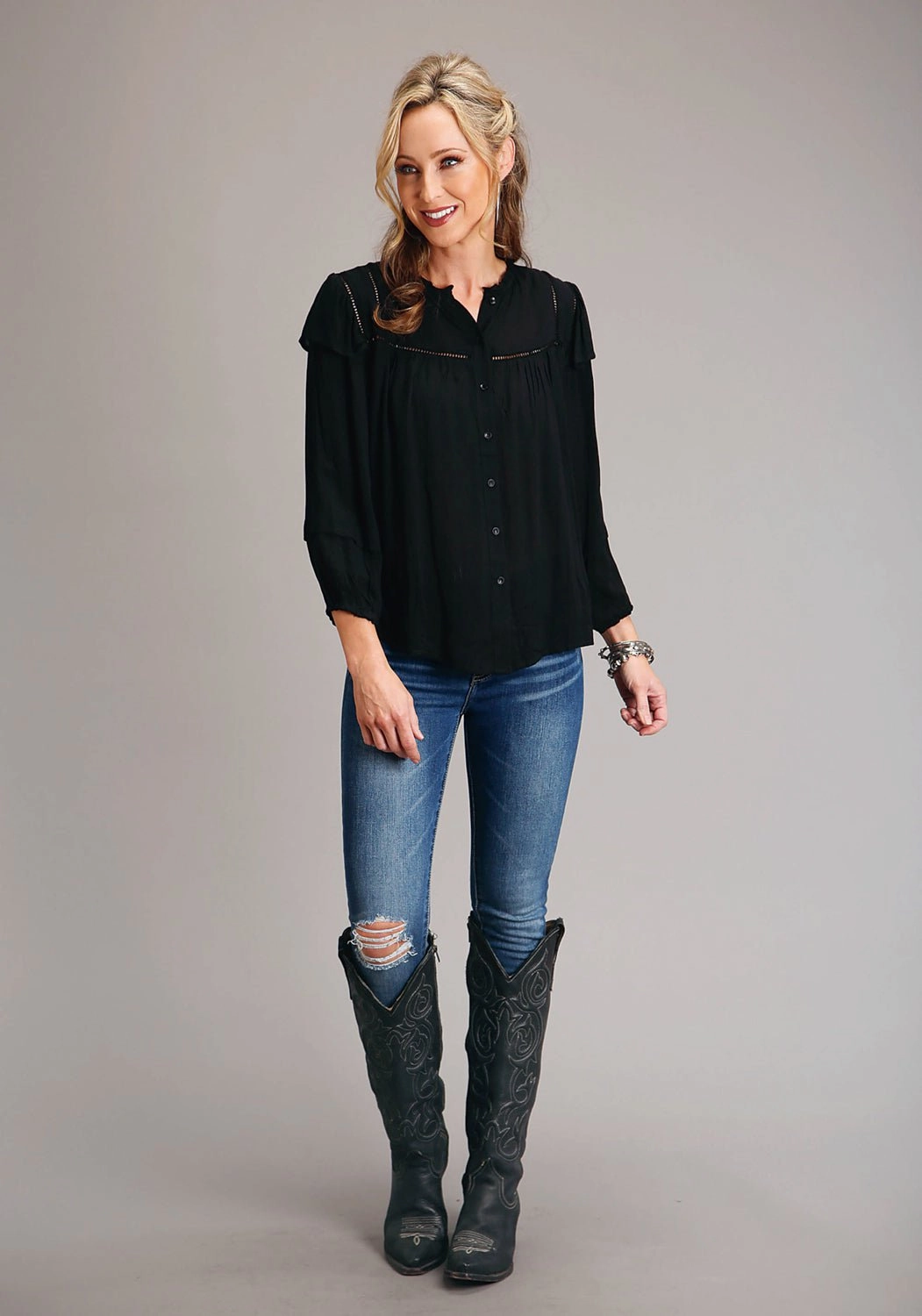 Stetson Womens Herringbone Black 100% Rayon L/S Shirt Wardrobe Staple Winter Fashion