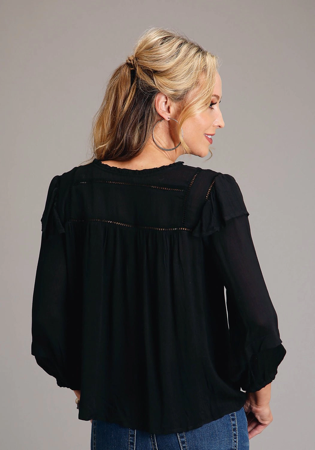 Fitted Silhouette Linen blend Stetson Womens Herringbone Black 100% Rayon L/S Shirt