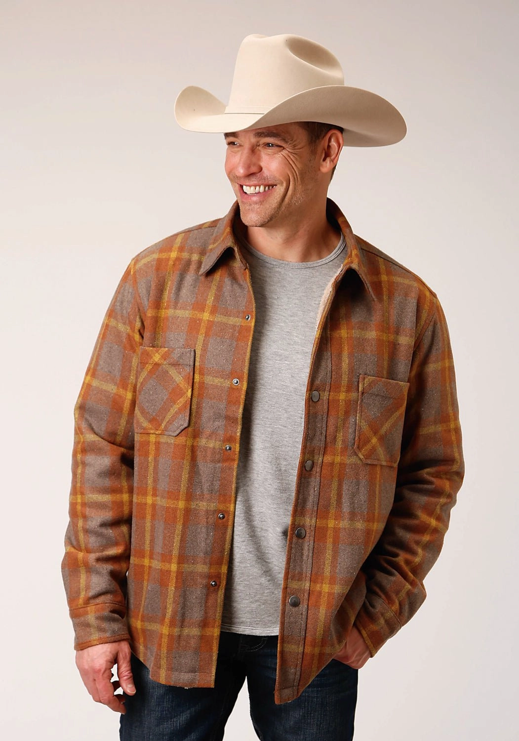 WrinkleFreeFinish Tin Haul Mens Orange/Brown Wool Blend Sherpa Plaid Jacket