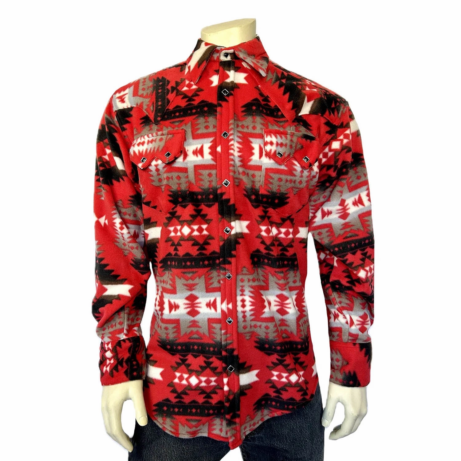 Rockmount Mens Native Pattern Western Red/Grey Fleece L/S Shirt Travel Friendly Edgy style