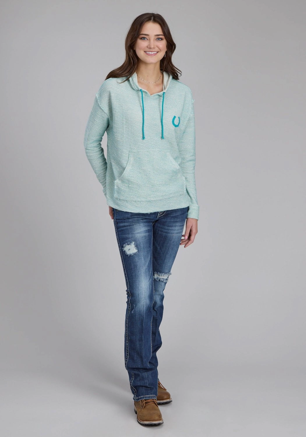 EcoFriendlyInsulation Roper Womens Knit Horseshoe Cream/Aqua 100% Cotton Hoodie