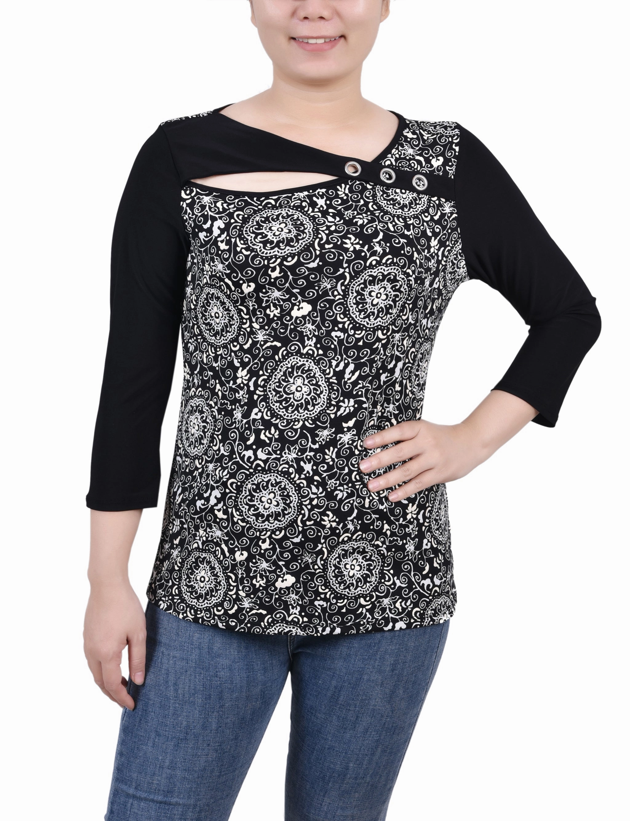 Warm Fabric BioBased Fiber Petite 3/4 Sleeve Puff Print Cutout Top