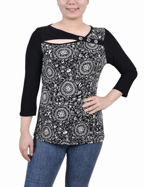 OdorControl Technology RibbedCuff Petite 3/4 Sleeve Puff Print Cutout Top