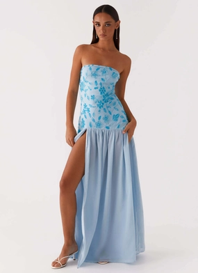 Eden Strapless Beaded Maxi Dress - Blue Brunch Fit Trendy Wear