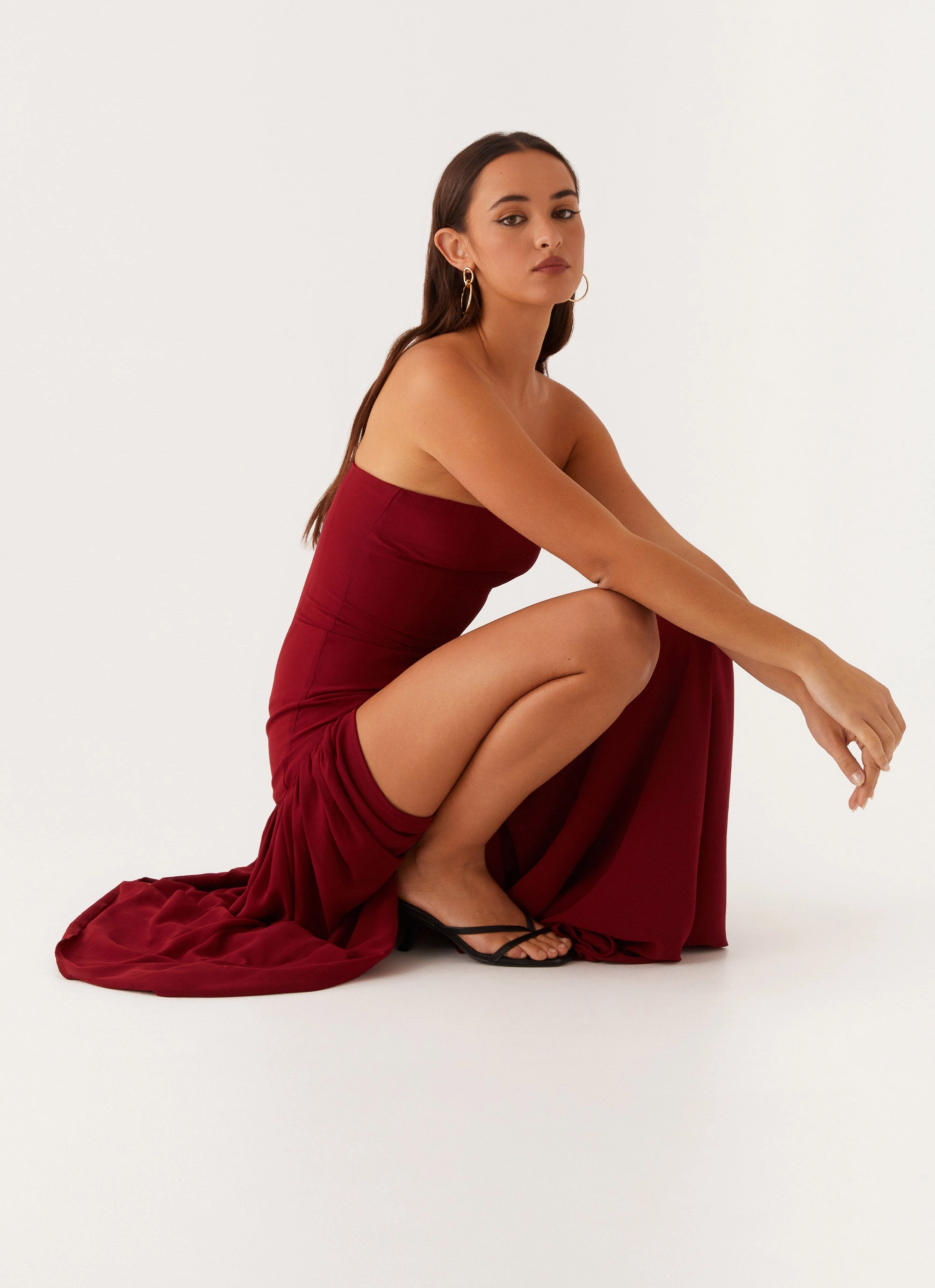 Eden Strapless Maxi Dress - Maroon Plaid Design