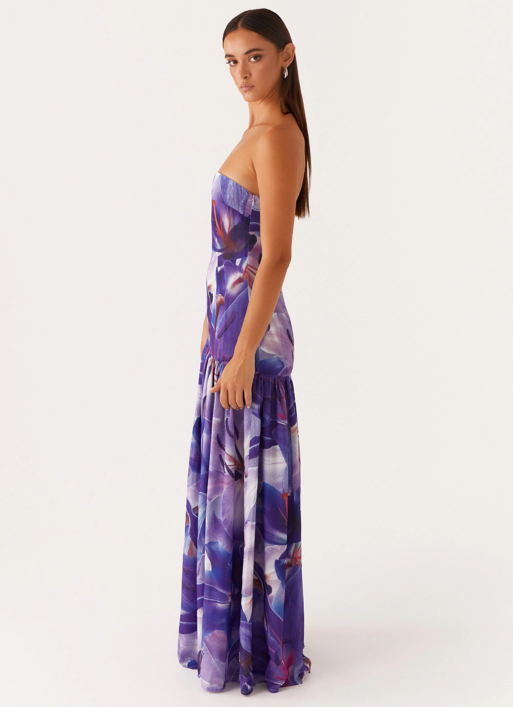 Eden Strapless Maxi Dress - Purple White Lilly Flattering Shape Look