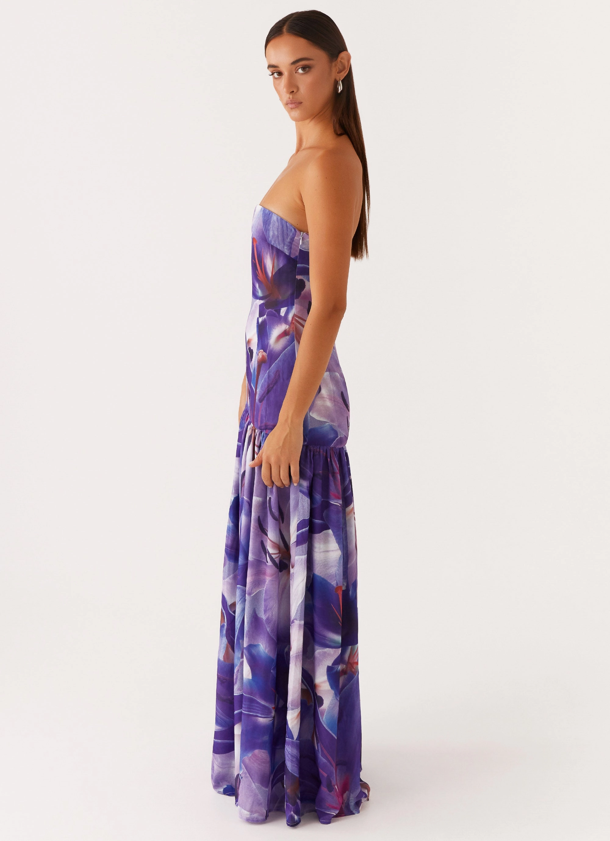 Weekend Favorite Tonal-Stitching Eden Strapless Maxi Dress - Purple White Lilly