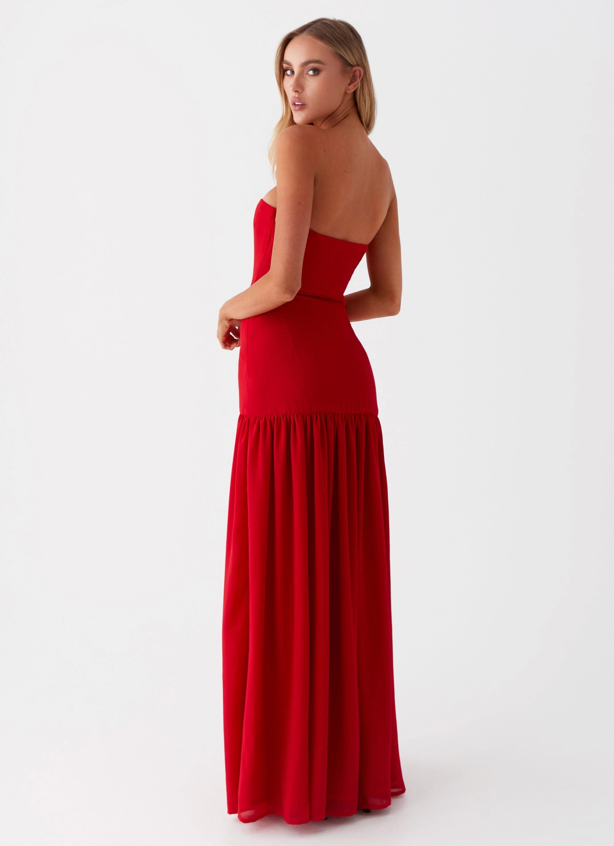 Sophisticated Coat Heavyweight Warmth Eden Strapless Maxi Dress - Red