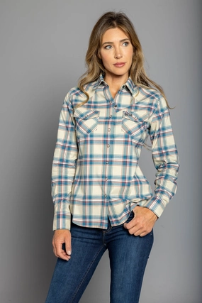 Kimes Ranch Womens Stroker Plaid Dark Blue Cotton Blend L/S Shirt Gender Neutral Backpacking Trip