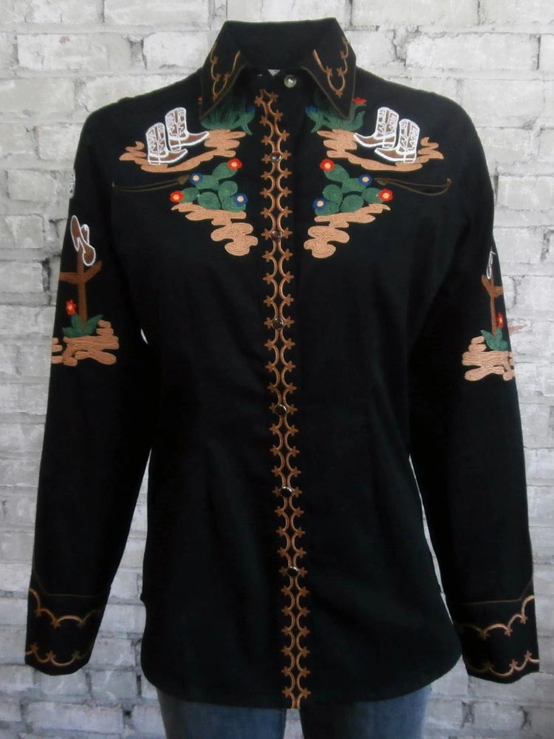 Rockmount Womens Black 100% Cotton Vintage Cactus & Boots L/S Shirt Lightweight Weave