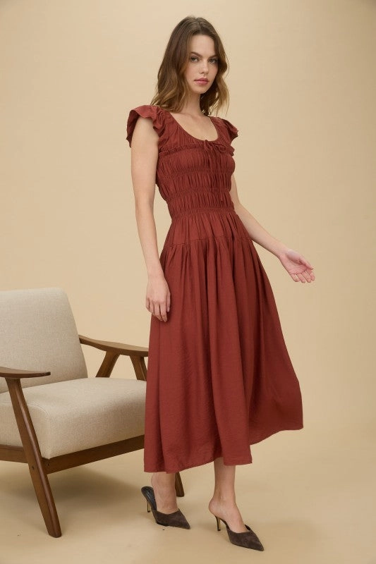 Lillian Shirred Bodice Ruffle Sleeve Midi Dress Everyday-Comfort Stylish Mood