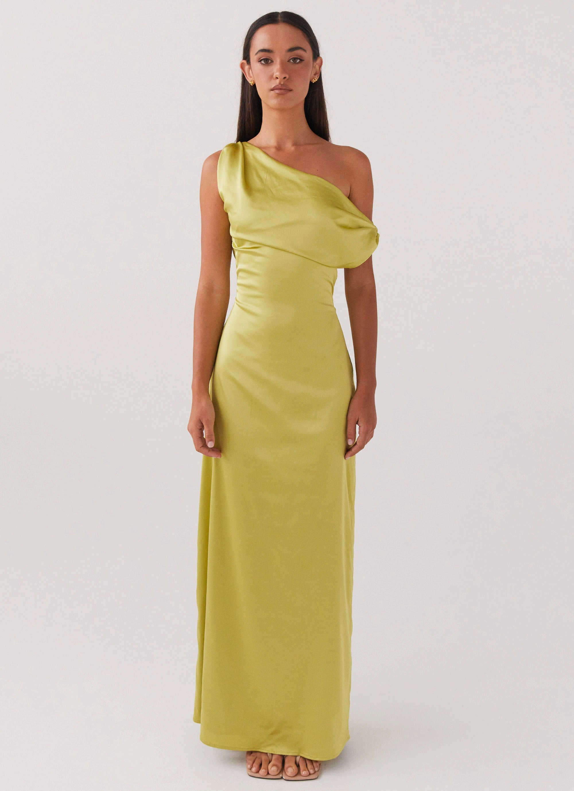 Plaid Design Heart Of Glass Satin Maxi Dress - Chartreuse